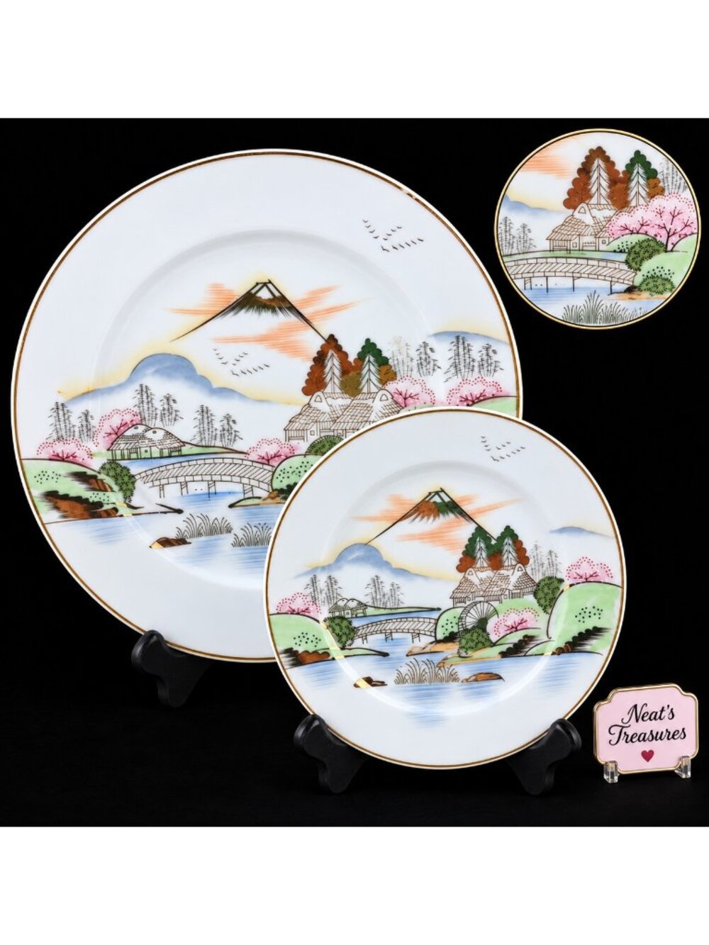 Kutani KUT108 Mt Fiji Oriental Scene Gold Trim Landscape  Dinner + Bread Plate